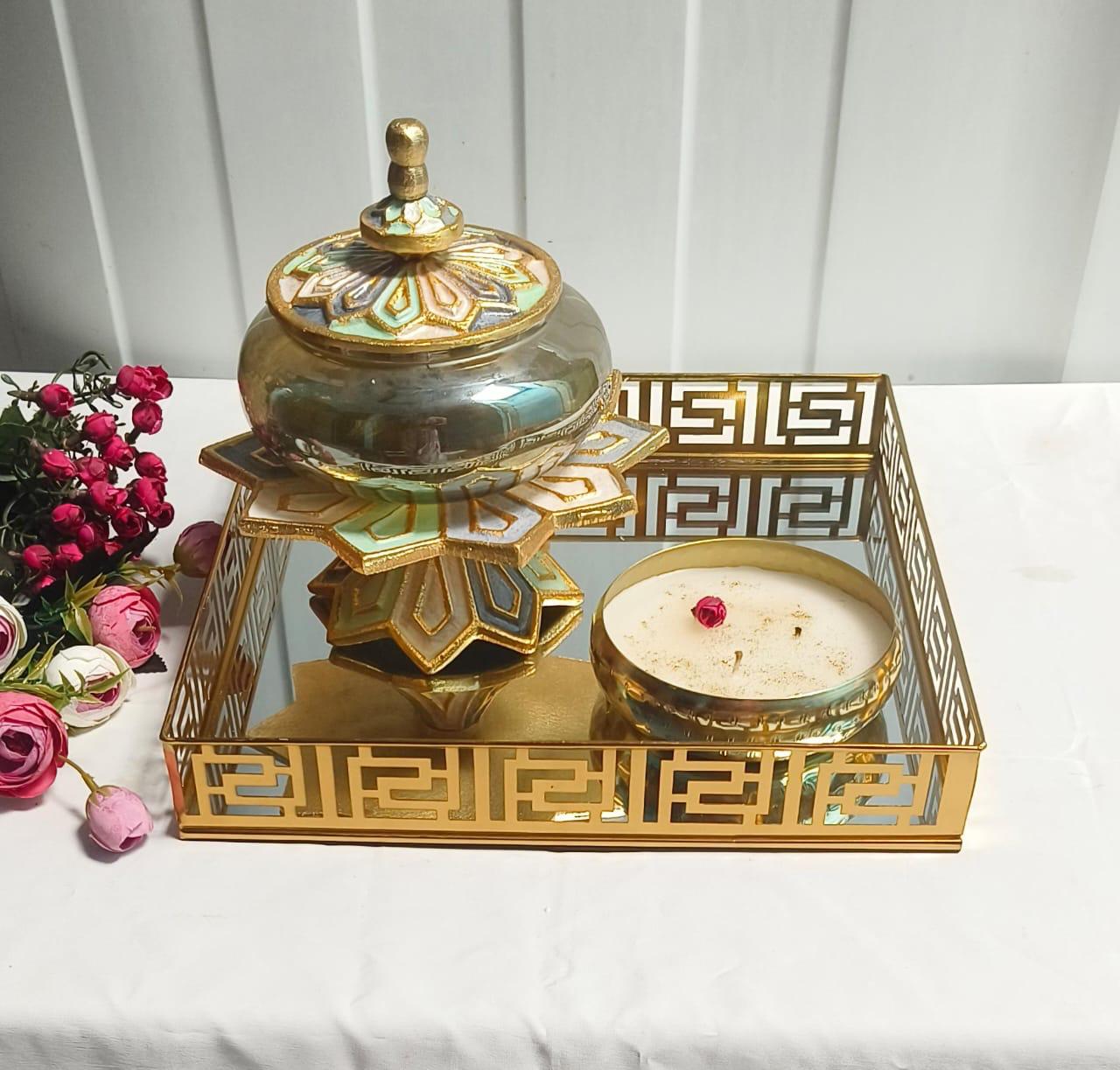Festive Décor Combo – 12x12'' Mirror Tray, Golden Wax Urli & Multicolor Enamel Aluminium Jar for Gifting & Home Styling