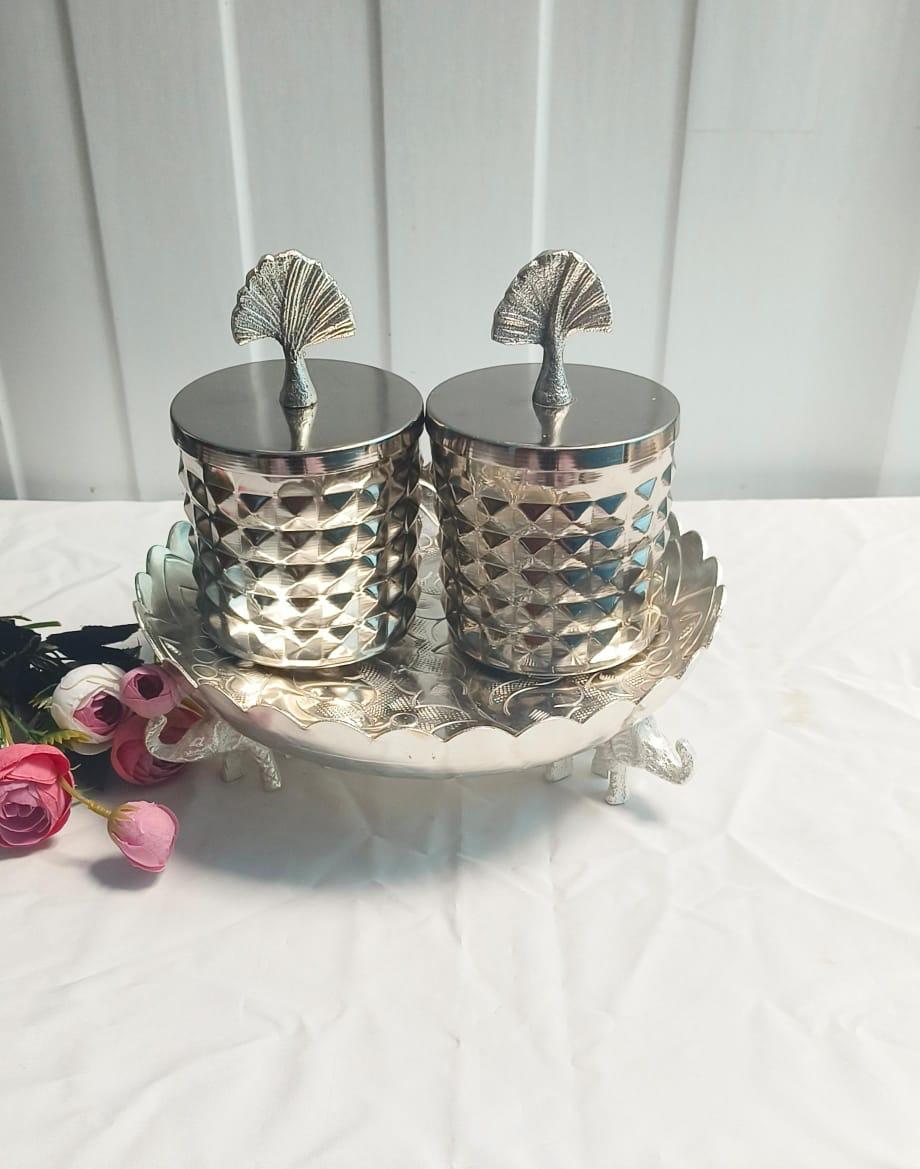Silver Urli with Elephant Legs & Diamond-Design Jar Set – Decorative Aluminium Urli & 2 Silver-Finished Iron Jars for Festive Décor & Gifting