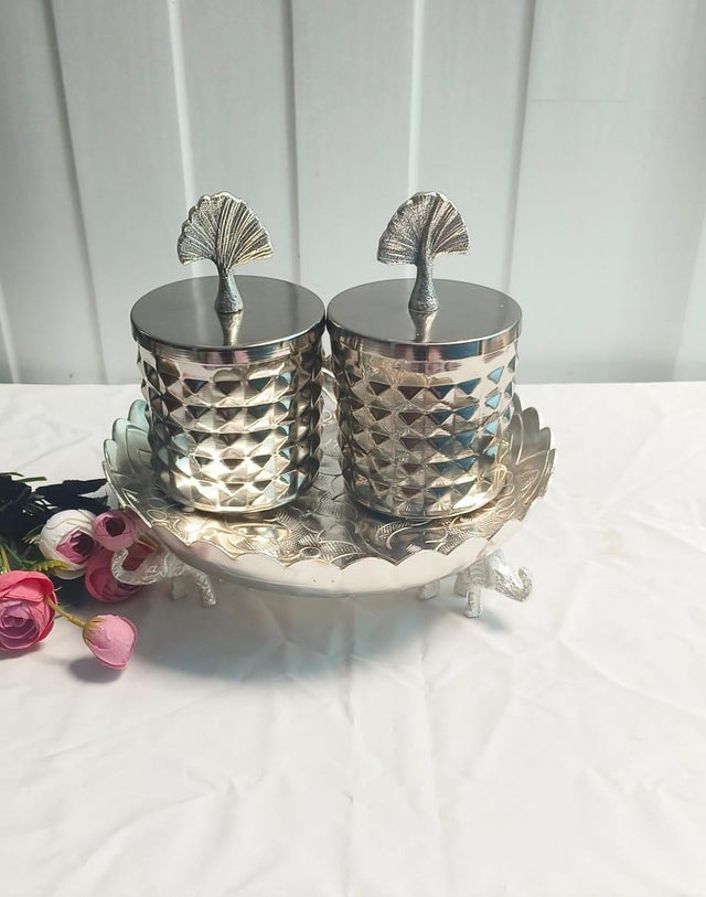 Silver Urli with Elephant Legs & Diamond-Design Jar Set – Decorative Aluminium Urli & 2 Silver-Finished Iron Jars for Festive Décor & Gifting