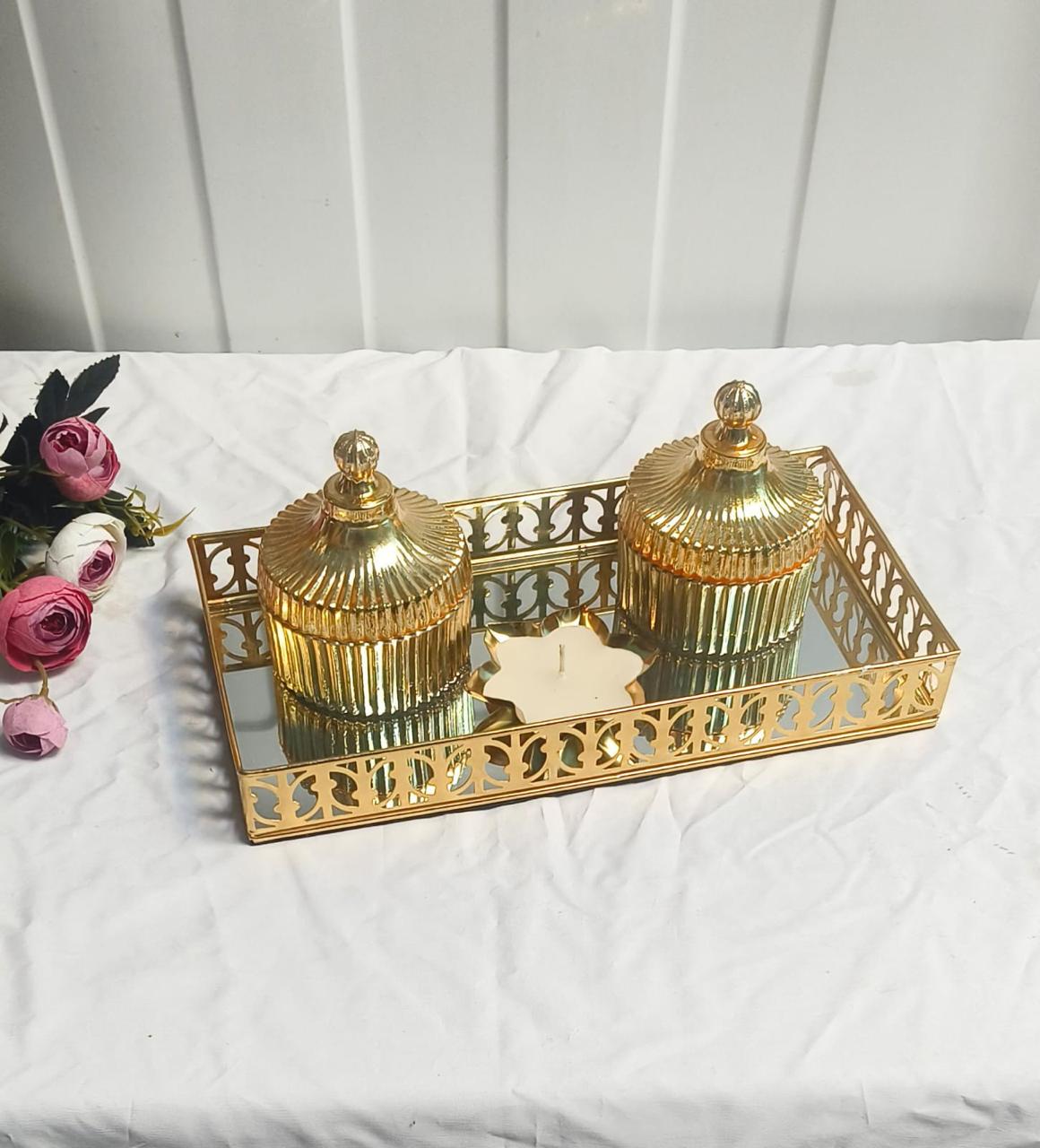 Golden Glass Jar Set with Rectangle Jali Tray – 2 Decorative 4x2'' Jars & 12x6'' Tray for Home Décor & Gifting