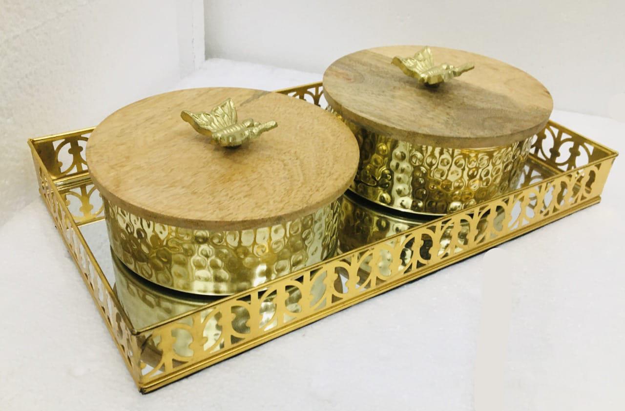 Golden Mirror Tray with Decorative Jar – 14x8'' Tray & 6x2'' Wooden-Lid Jar for Gifting & Elegant Home Décor