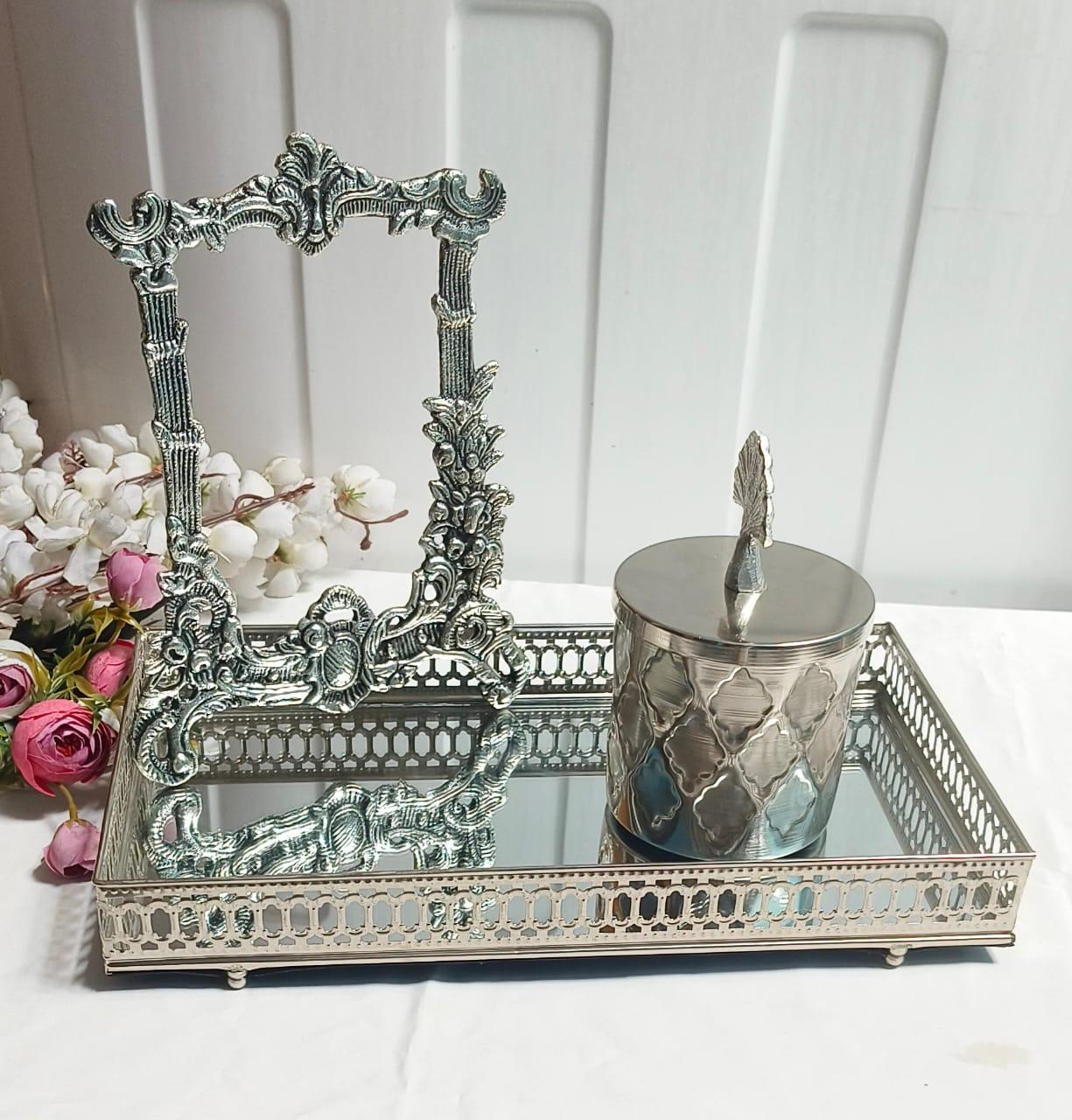 Silver Décor Gift Set – 14x8'' Tray, Aluminium Photo Frame & 4x4'' Jar for Festive Gifting & Home Styling