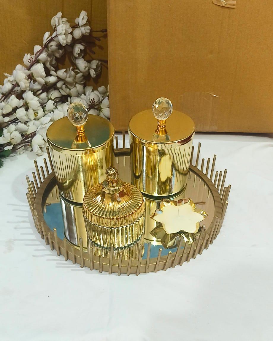 Golden Festive Décor Set – 12'' Wire Tray, 3 Decorative Jars & Wax T-Light for Gifting & Home Styling