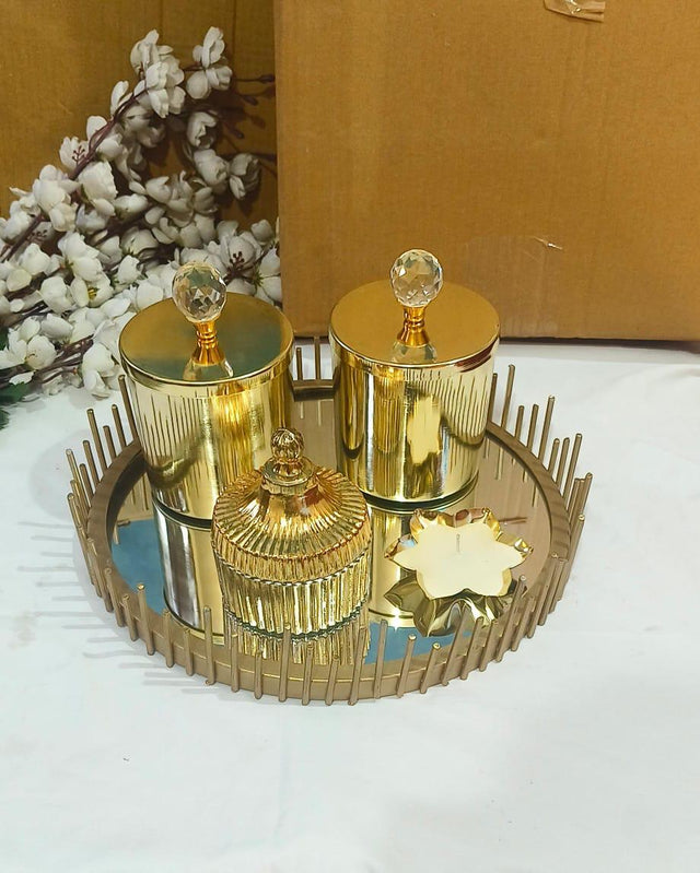 Golden Festive Décor Set – 12'' Wire Tray, 3 Decorative Jars & Wax T-Light for Gifting & Home Styling