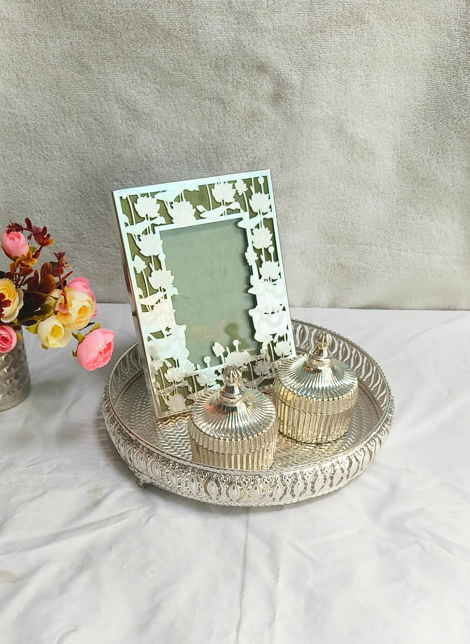 Elegant Silver Serve & Display Combo – 2 Glass Jars, Hexa Tray & Photo Frame