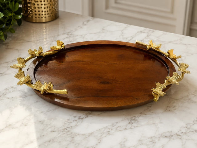 Maverics 16 inch wooden serving tray with gold butterfly handles