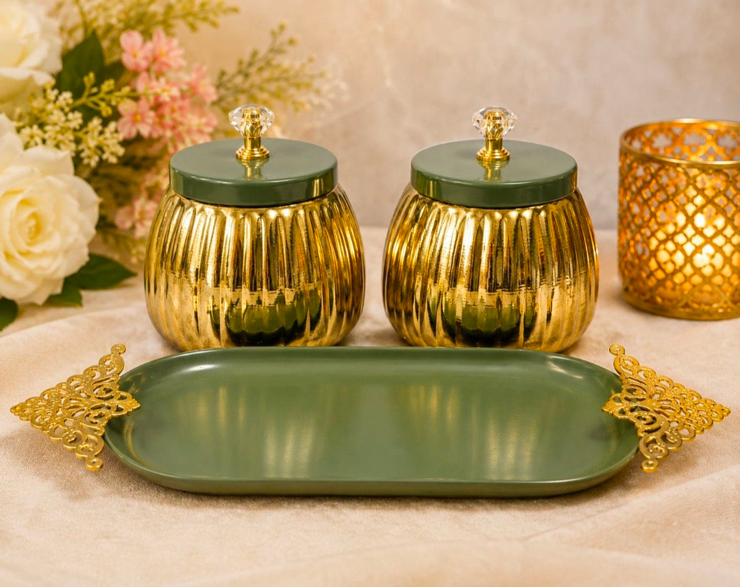 Maverics olive green and gold decorative tray set with two jars