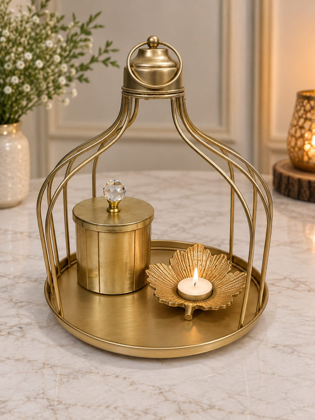 Maverics premium gold metal hamper cage with decorative candle and container
