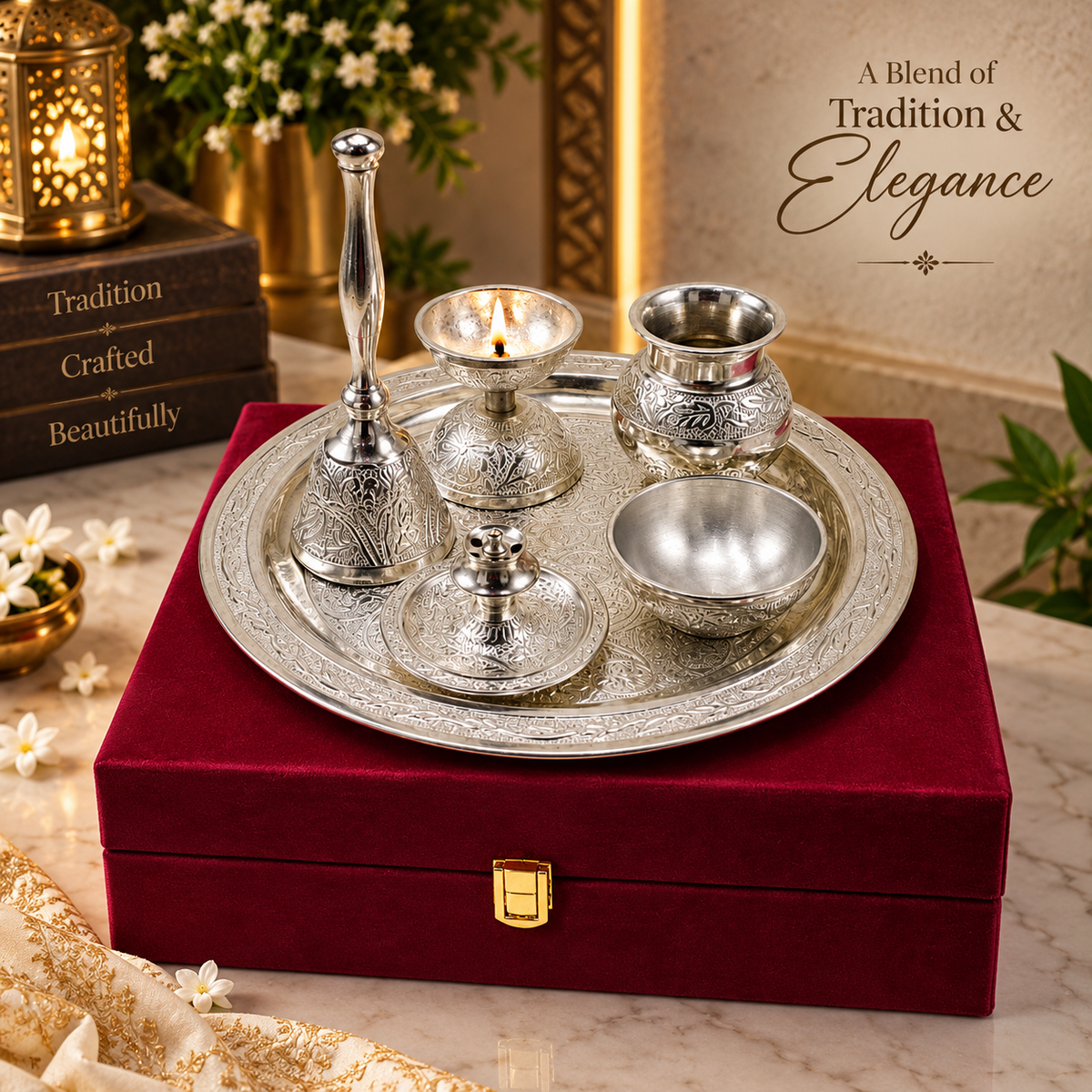 Maverics premium silver pooja thali set with diya, lota, bowl and velvet gift box