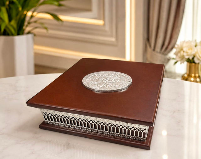 Maverics square wooden decorative box with silver embossed design, 8 inches