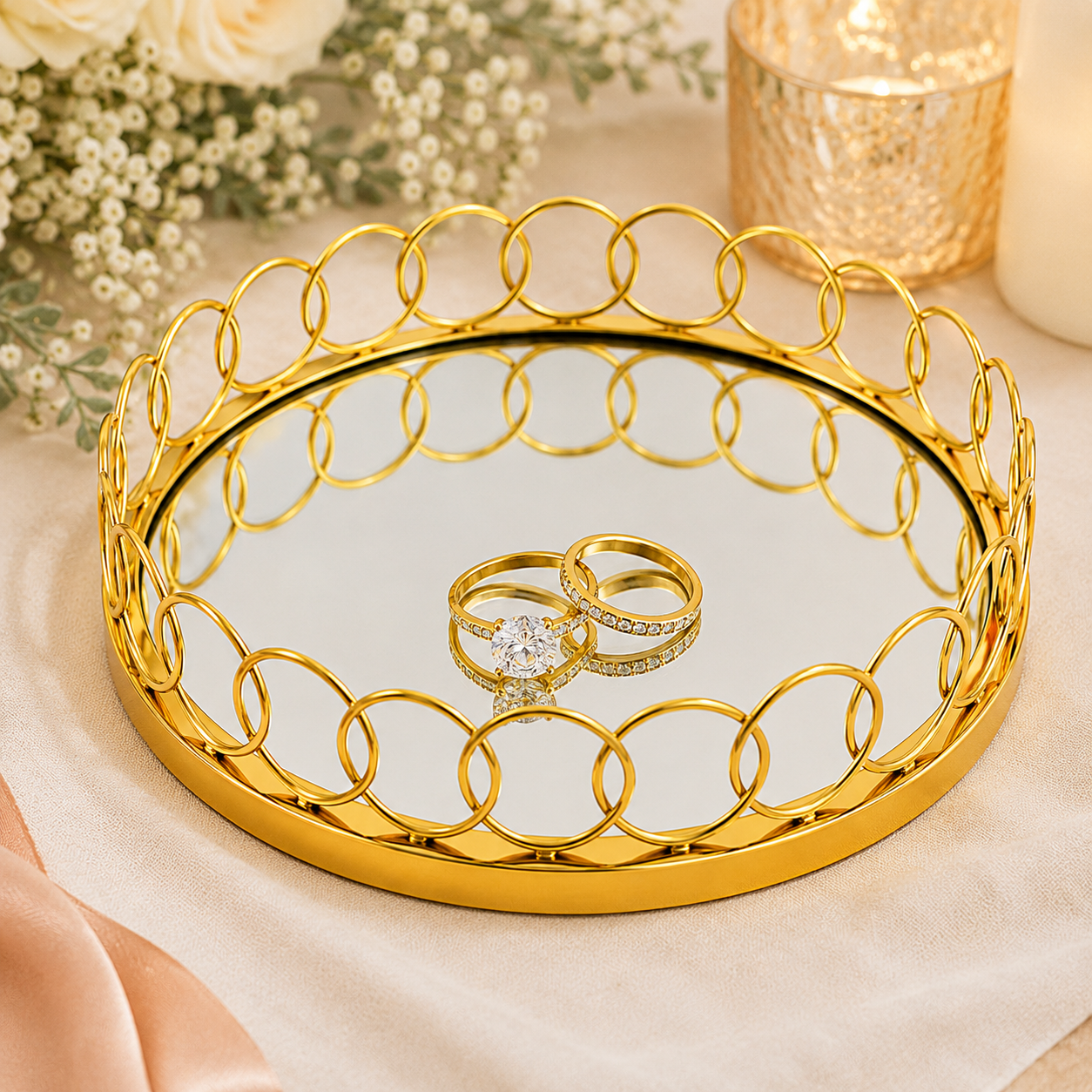 Maverics Premium Golden Ring Tray for Engagement, Wedding & Ring Ceremony | Decorative Ring Platter for Special Occasions