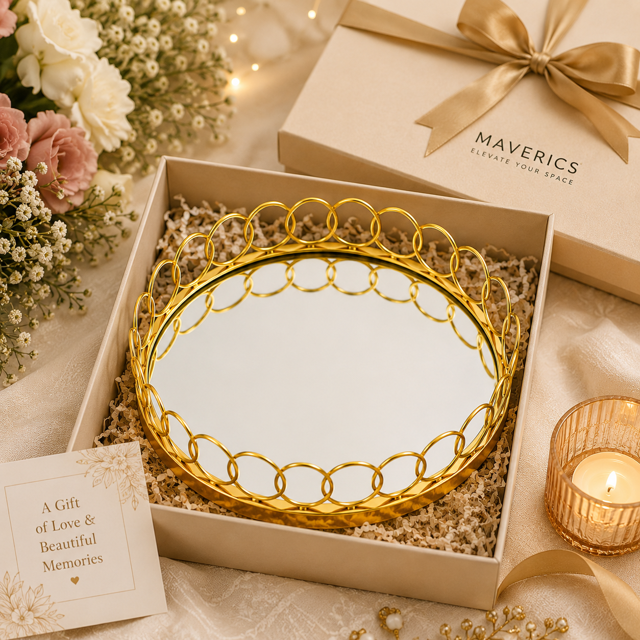Maverics Premium Golden Ring Tray for Engagement, Wedding & Ring Ceremony | Decorative Ring Platter for Special Occasions