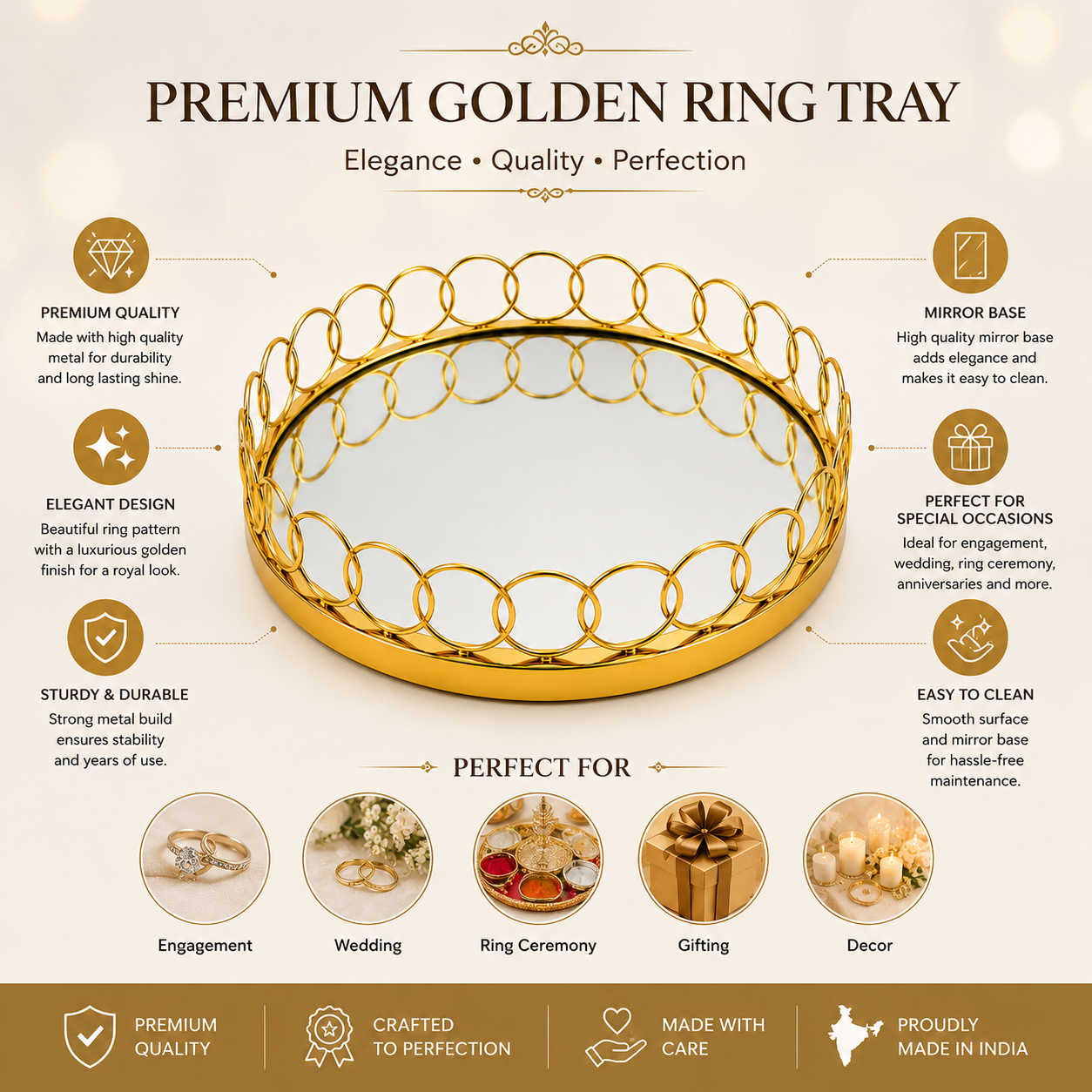 Maverics Premium Golden Ring Tray for Engagement, Wedding & Ring Ceremony | Decorative Ring Platter for Special Occasions