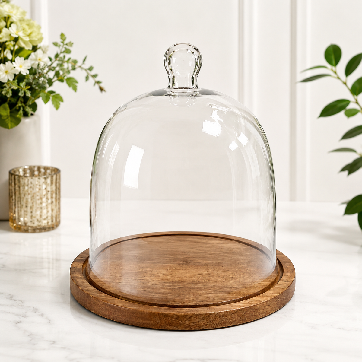 Decorative Glass Cloche Dome with Wooden Base for Home Decor & Display