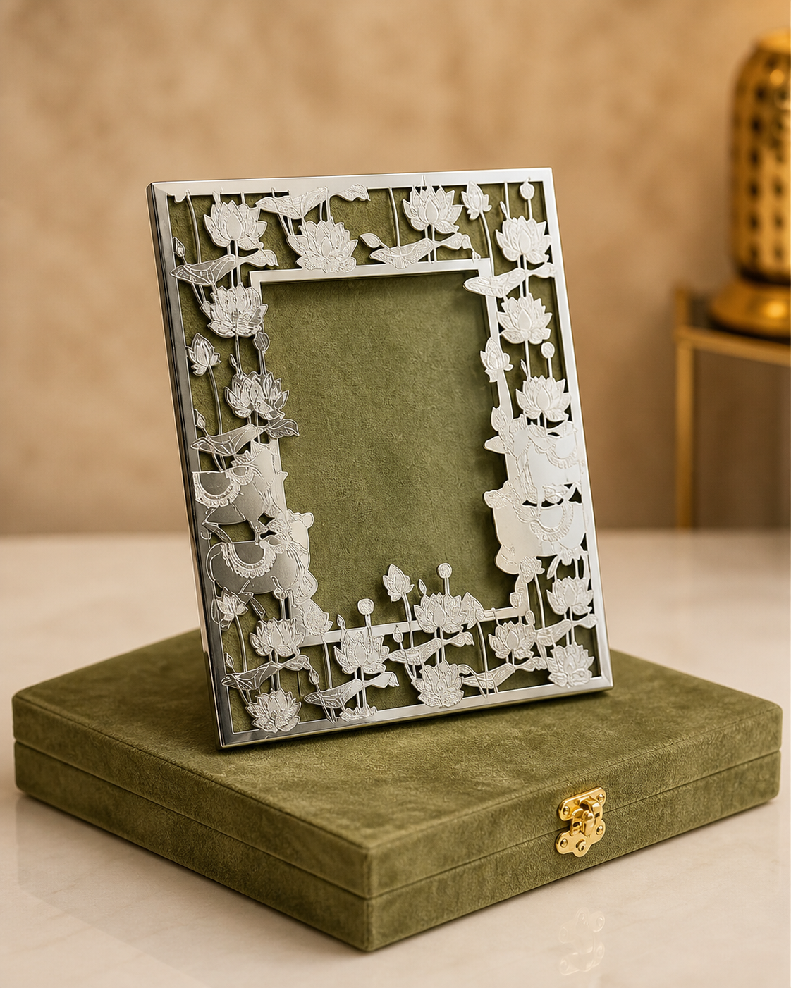 Metallic Grace Photo Frame – 9x7" with Decorative Jali Pattern (Green)