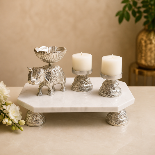 Aluminium Silver Elephant, 2 Wax Candles with Silver Holders & Marble Chowki – Luxurious Home Decor & Gift Set
