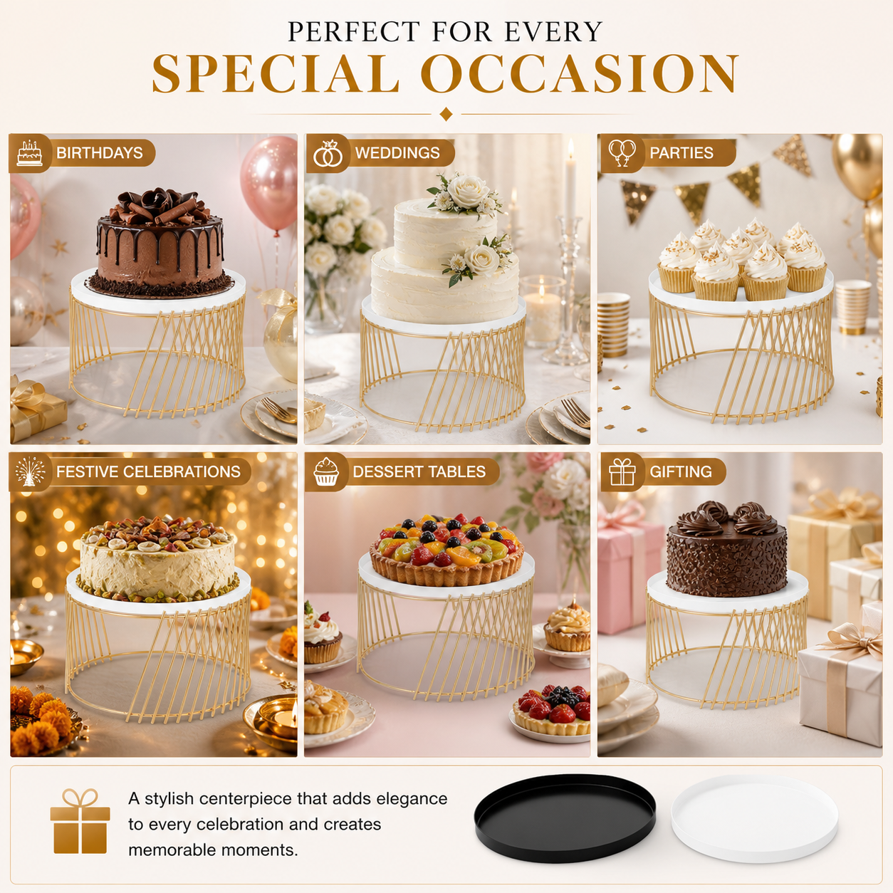 Maverics 28cm Round Cupcake Stand Metal Dessert Platter with Slanting Line Design, Sturdy Display Stand for Cupcakes, Cakes, Pastries – Ideal for Birthdays, Weddings, Christmas & Home Decor