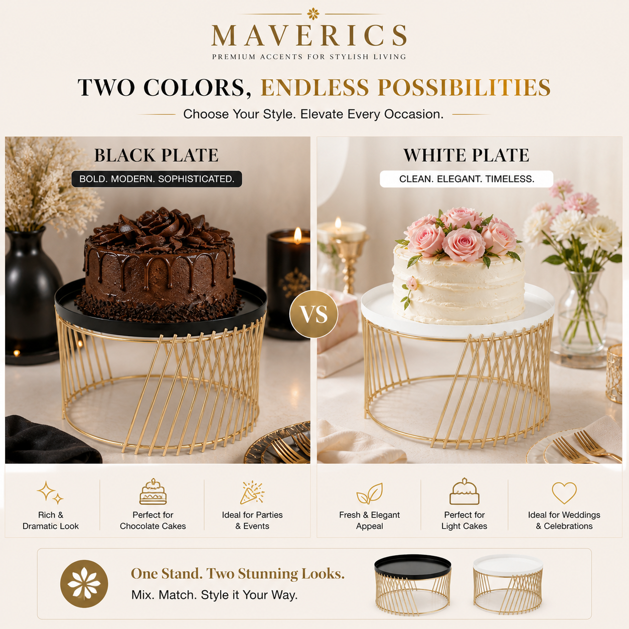 Maverics 28cm Round Cupcake Stand Metal Dessert Platter with Slanting Line Design, Sturdy Display Stand for Cupcakes, Cakes, Pastries – Ideal for Birthdays, Weddings, Christmas & Home Decor