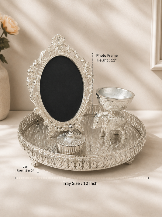 Premium Silver Decorative Tray Set with Vintage Photo Frame & Jar