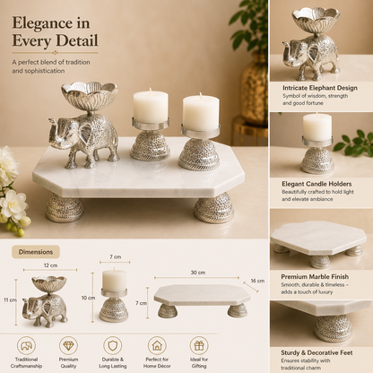 Aluminium Silver Elephant, 2 Wax Candles with Silver Holders & Marble Chowki – Luxurious Home Decor & Gift Set