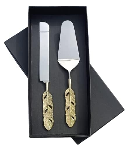 Maverics Cake Server and Knife Set with Designer Handle, Gold Feather Pizza Knife | Ideal for Gifting