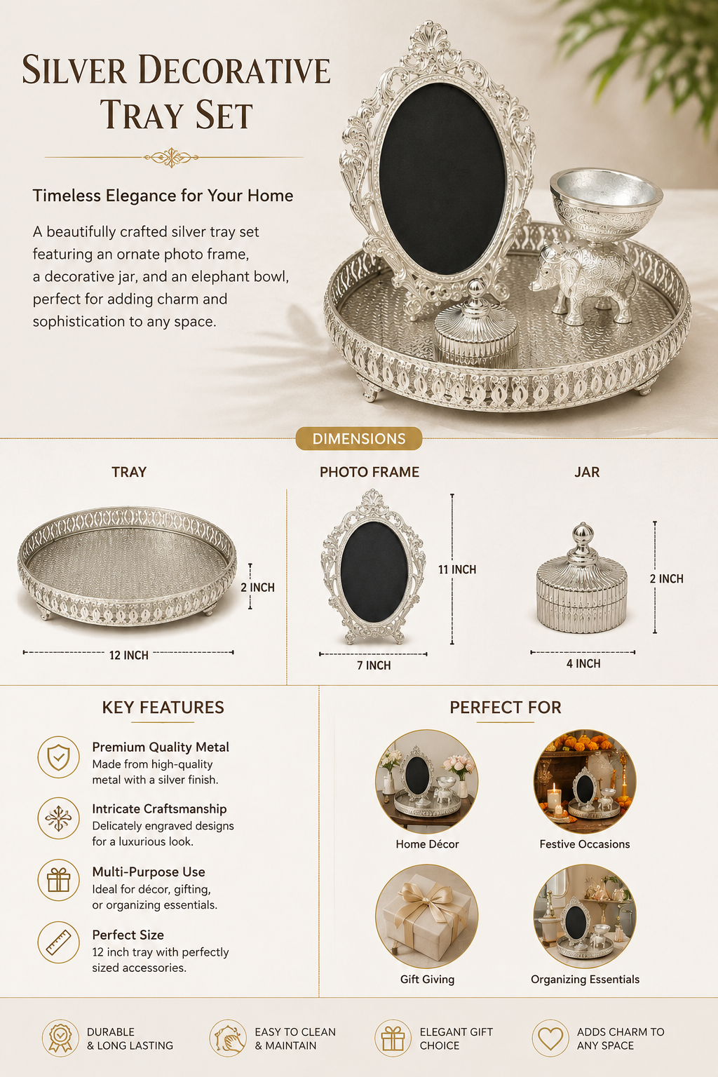 Premium Silver Decorative Tray Set with Vintage Photo Frame & Jar