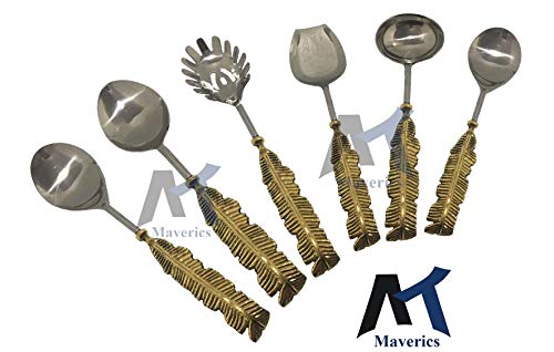 Maverics Exquisite 6-Piece Pure Brass Leaf Handle Serving Spoon Set in Gold, Handmade with Love, Elegant Black Gift Box Included