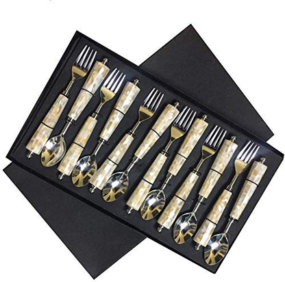 Maverics MOP(Mother of Pearl) Round Stainless Steel Serving Feed Spoon and Fork Set of 12 pcs