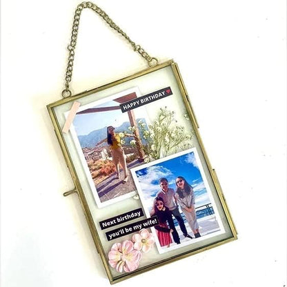 Maverics Brass Home Decor Glass & Metal Hanging Picture Frame in Black for Wall Decoration, with 2 Sides Decorative Hanging Golden Photo Frame and Family Photos valentine gift 6"x4"