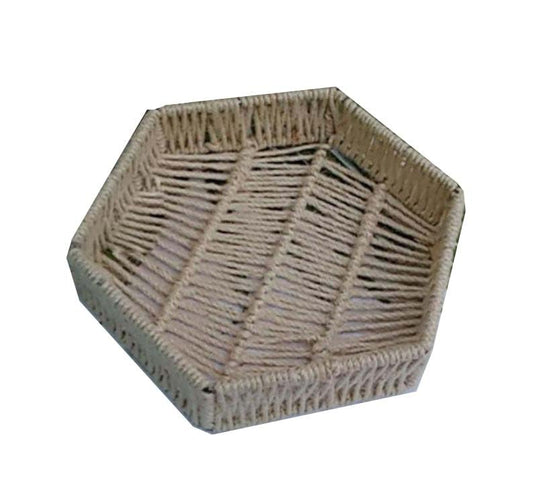 Maverics Handmade Jute Tray for Gift Hamper | Decorative Wedding Dress Serving Platter | Hexagon Zig Zag Mini Rope Storage Basket | Organize Home Living Room & Centre Dining Table Brown 12*12*3.2 Inch