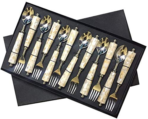 Maverics MOP(Mother of Pearl) Round Stainless Steel Serving Feed Spoon and Fork Set of 12 pcs