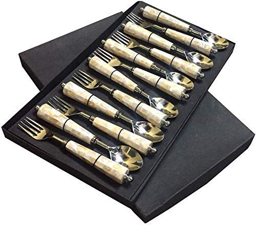 Maverics MOP(Mother of Pearl) Round Stainless Steel Serving Feed Spoon and Fork Set of 12 pcs