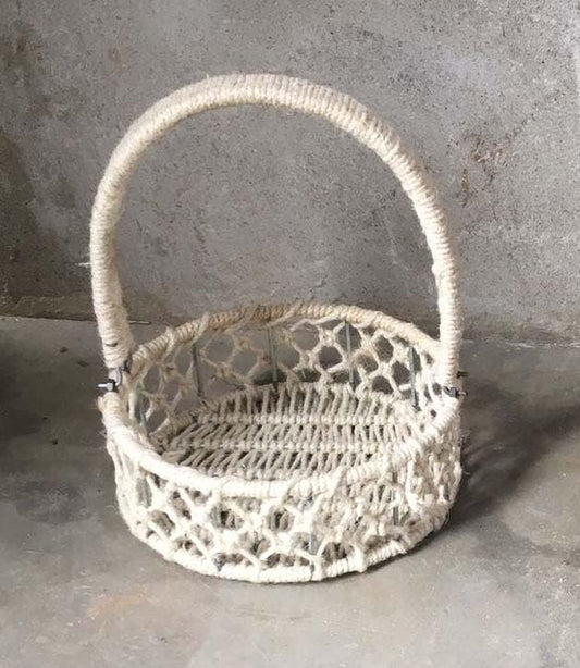 Maverics Handmade Jute Tray for Gift Hamper | Decorative Wedding Dress Serving Platter | Round With Handle Rope Storage Basket | Organize Home Living Room & Centre Dining Table White 12*12*14 Inch