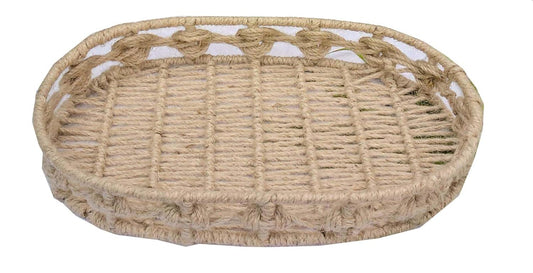 Maverics Handmade Jute Tray for Gift Hamper Packing | Decorative Wedding Dress Serving Platter | Oval Design Rope Storage Basket | Organize Home Living Room & Centre Dining Table Brown 14*8*2 Inch