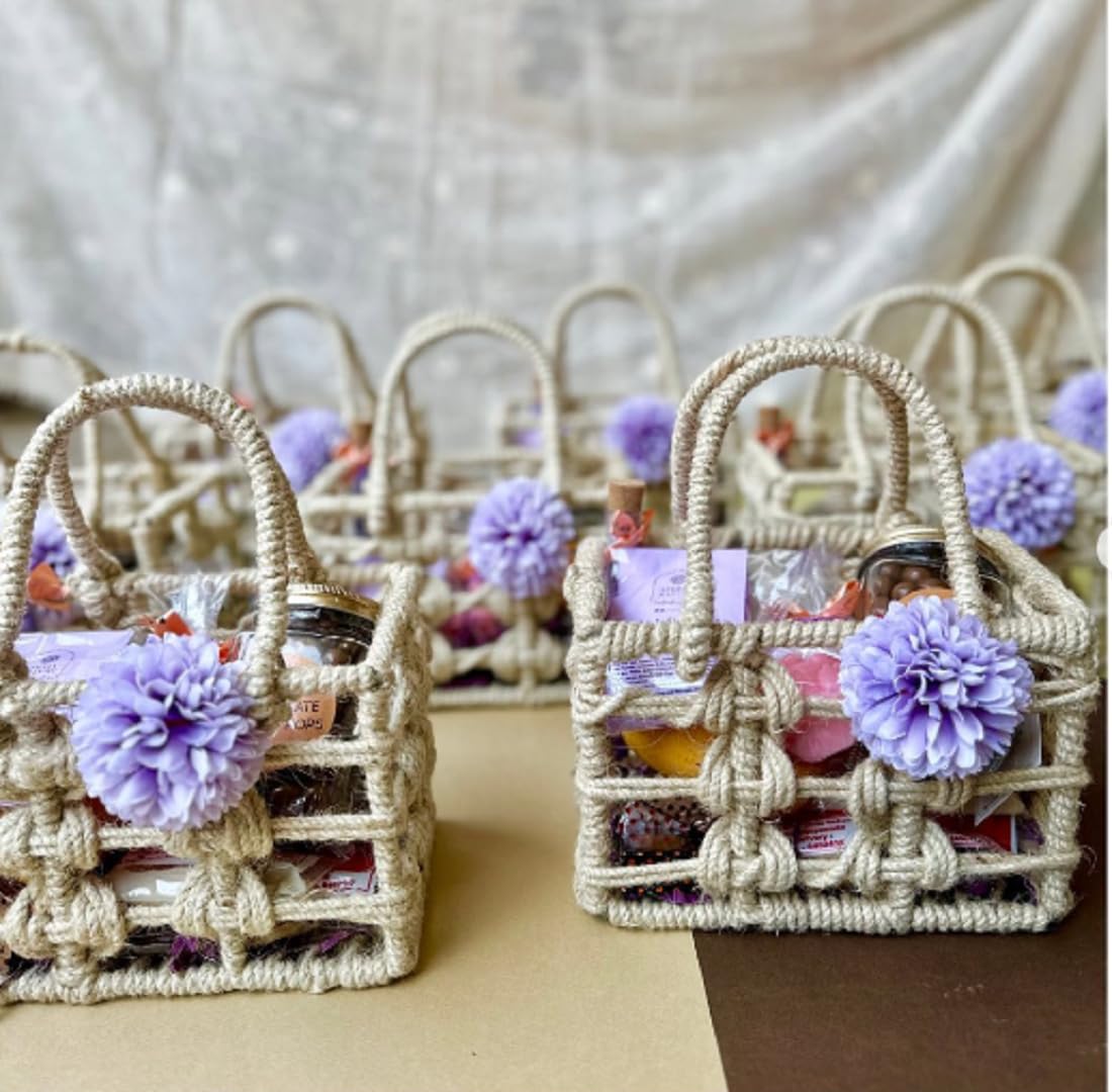 Maverics Handmade Jute Tray for Gift Hamper | Decorative Wedding Dress Serving Platter | Rectangular Design Rope Storage Basket | Organize Home Living Room & Centre Dining Table Brown 12*12*8 Inch