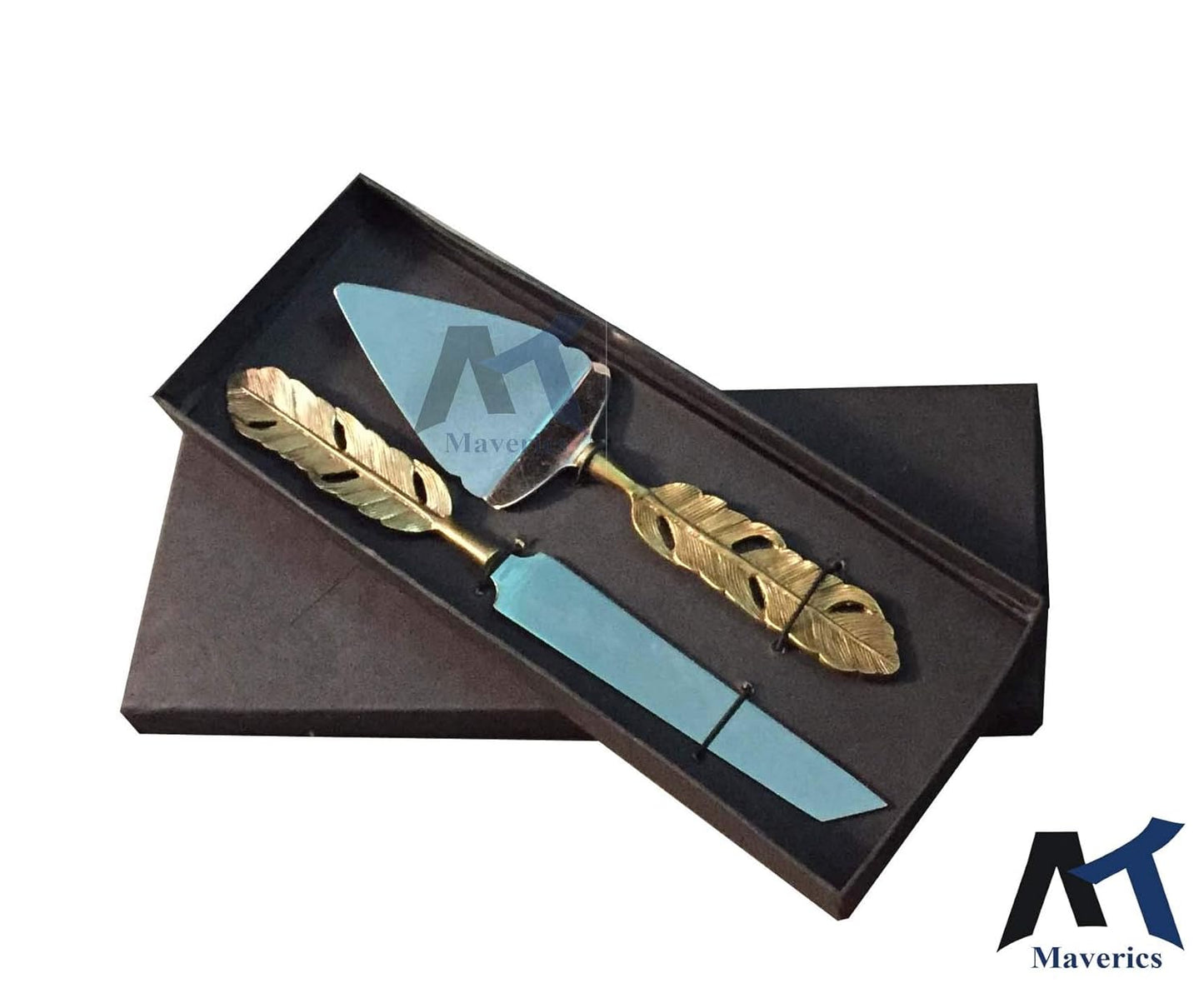 Maverics Cake Cutter Knife and Server Set of 2 | Golden Feather Antique Handle Design | Made with Brass (Gold Plated) | Pizza Knife Pie Server | Best for Gifting