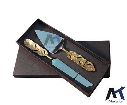 Maverics Cake Cutter Knife and Server Set of 2 | Golden Feather Antique Handle Design | Made with Brass (Gold Plated) | Pizza Knife Pie Server | Best for Gifting