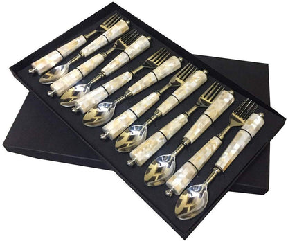 Maverics MOP(Mother of Pearl) Round Stainless Steel Serving Feed Spoon and Fork Set of 12 pcs