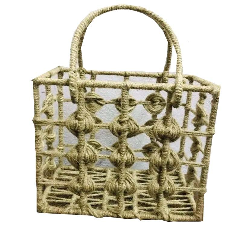 Maverics Handmade Jute Tray for Gift Hamper | Decorative Wedding Dress Serving Platter | Big Square With Handle Rope Storage Basket | Organize Home Living Room Centre Dining Table Brown 14*14*14 Inch