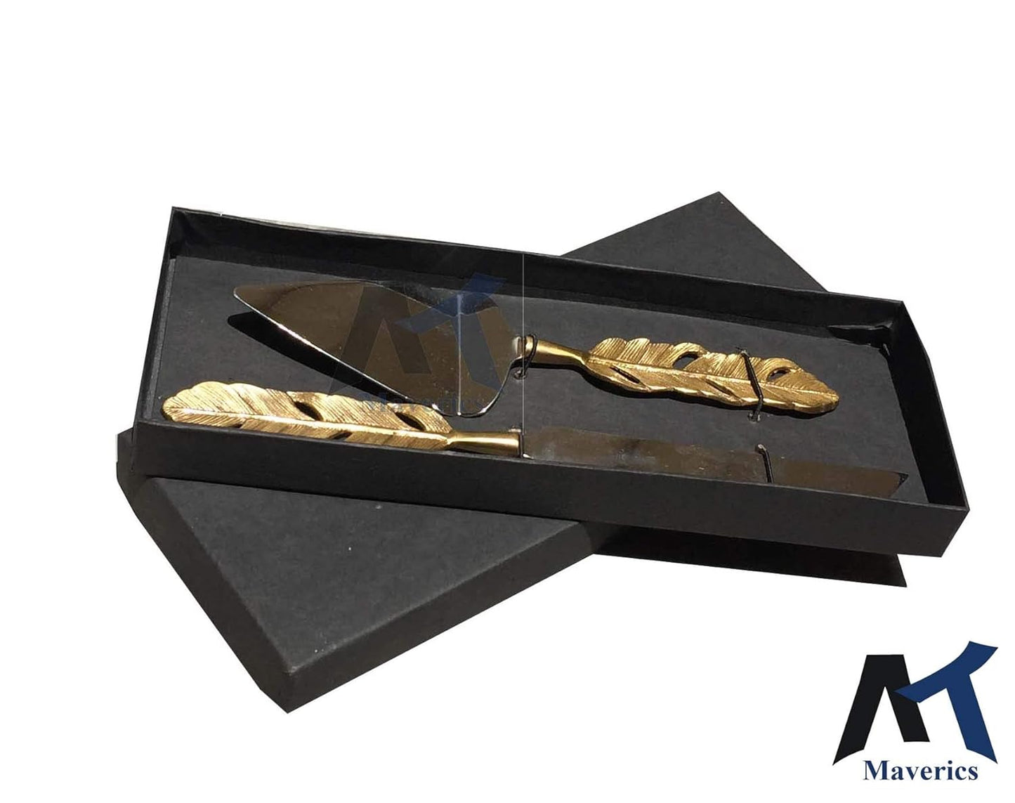 Maverics Cake Cutter Knife and Server Set of 2 | Golden Feather Antique Handle Design | Made with Brass (Gold Plated) | Pizza Knife Pie Server | Best for Gifting