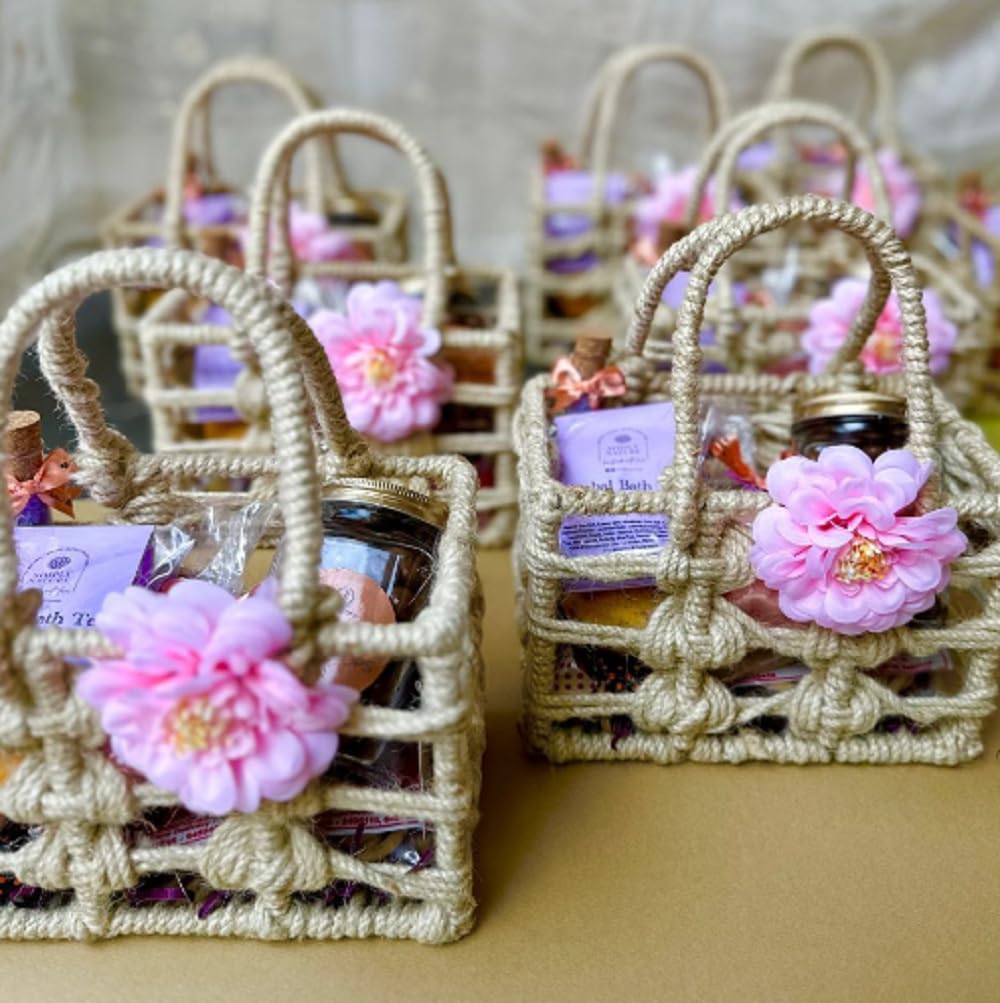 Maverics Handmade Jute Tray for Gift Hamper | Decorative Wedding Dress Serving Platter | Rectangular Design Rope Storage Basket | Organize Home Living Room & Centre Dining Table Brown 12*12*8 Inch