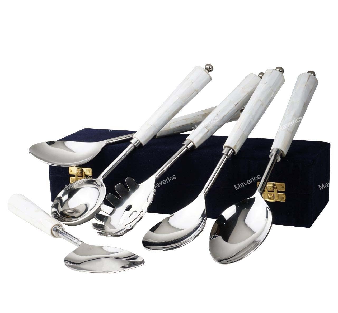Maverics Mother of Pearl (MOP) Round Handle Cutlery Serving Spoon Elegant Designer Spoons with Black Gift Box Set of six pcs