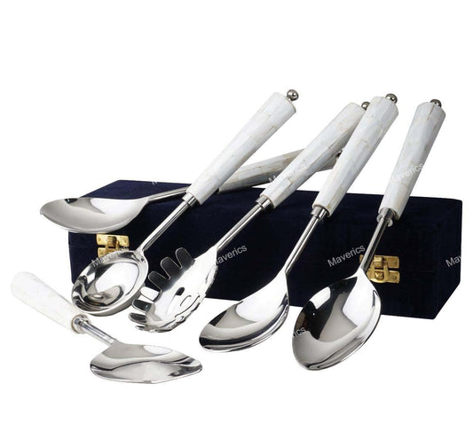 Maverics Mother of Pearl (MOP) Round Handle Cutlery Serving Spoon Elegant Designer Spoons with Black Gift Box Set of six pcs