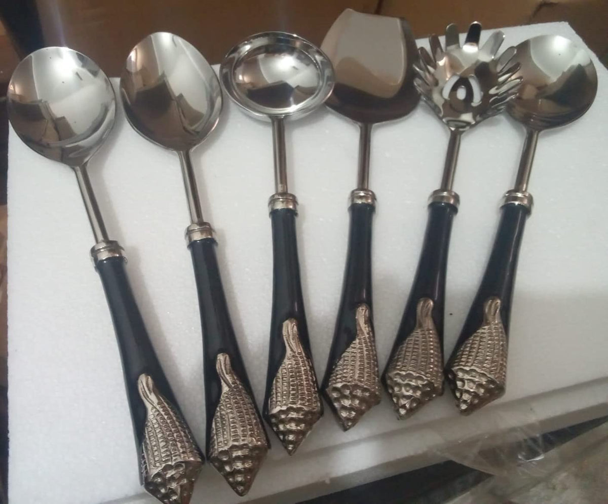 Maverics Designer Serving Spoon Set | Polished Silver Flatware Cutlery | Aluminium Conch & Menna Handle | Set of 6 | Brass-Crafted Gift