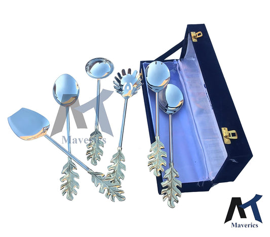 Maverics Tropical Leaf Design Serving Spoon Set of 6 pcs Made with Brass for Your Dining Table, Kitchen & for Using Birthday Party, Kiddy Party, Wedding Party