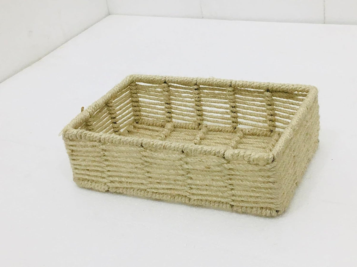 Maverics Handmade Jute Tray for Gift Hamper Packing | Decorative Wedding Dress Serving Platter | Rectangular Rope Storage Basket | Organize Home Living Room & Centre Dining Table Brown 14*10*3.2 Inch