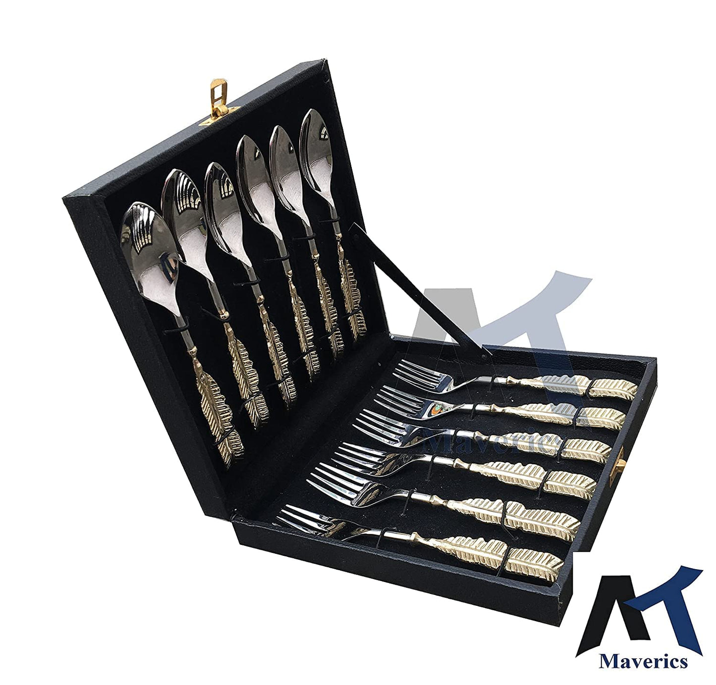 Maverics Brass Leaf Handle Design 6 Serving Spoon and 6 Serving Fork Set of 12 PCs Cutlery Set