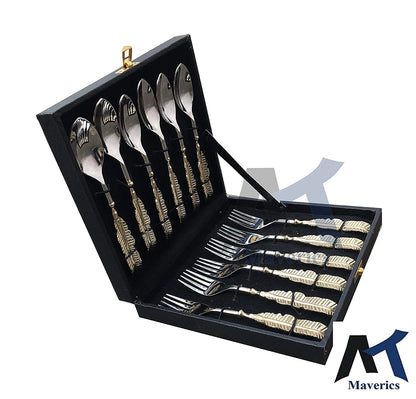 Maverics Brass Leaf Handle Design 6 Serving Spoon and 6 Serving Fork Set of 12 PCs Cutlery Set