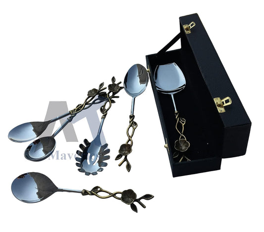Maverics Brass Antique Center Flower with Leaf Design Serving Spoon Set of 6 pcs Made with Brass