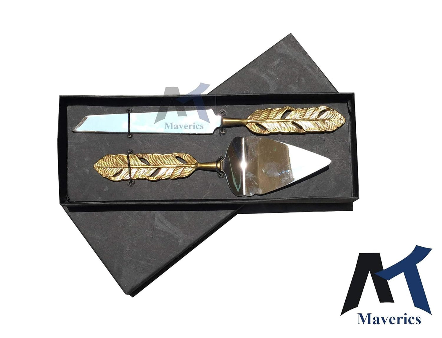 Maverics Cake Cutter Knife and Server Set of 2 | Golden Feather Antique Handle Design | Made with Brass (Gold Plated) | Pizza Knife Pie Server | Best for Gifting